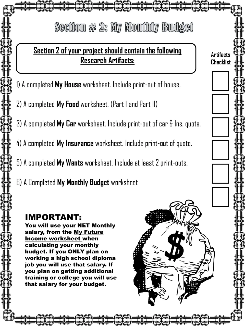 Section 2 My Monthly Budget checklist: house, food, car, insurance, wants and budget worksheets, using net monthly pay