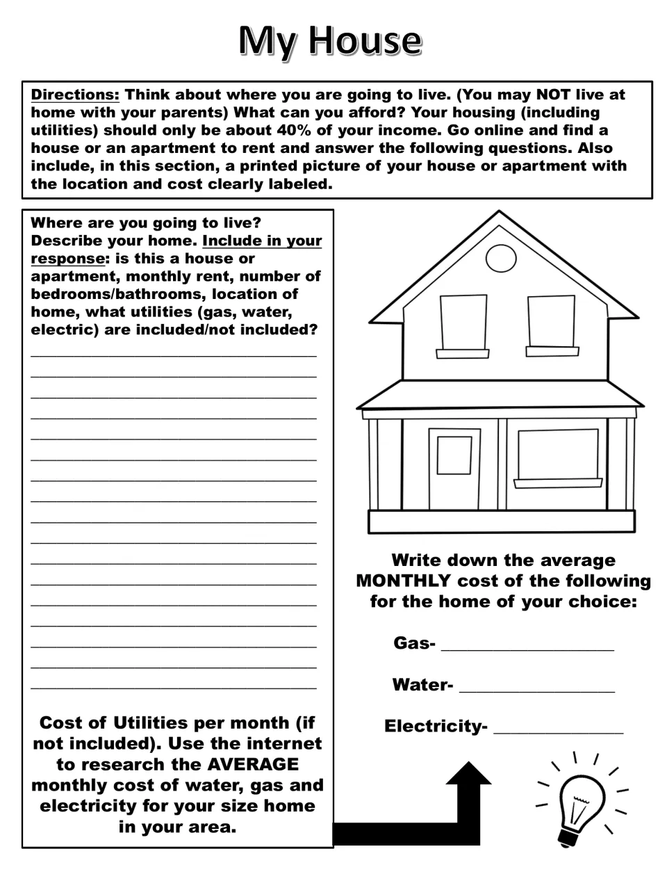 My House: students find a rental home near 40% of income, describe it and research monthly gas, water and electric costs