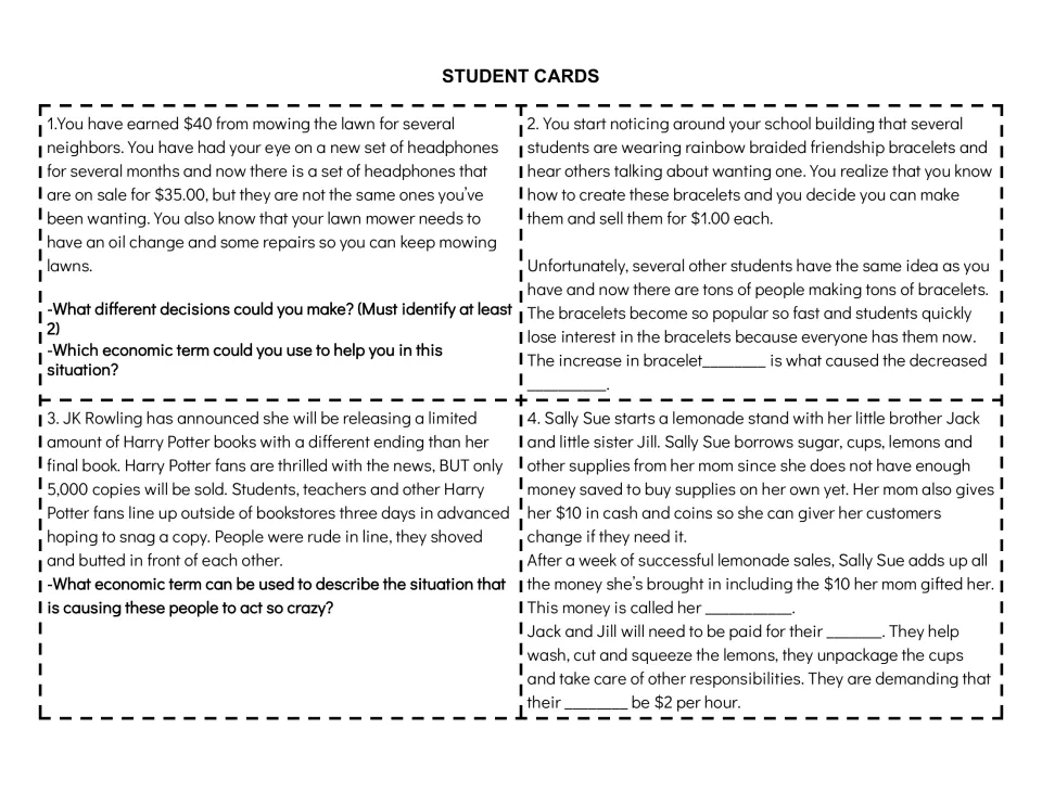 Student economics scenario cards 1–4: lawn mowing money, friendship bracelets, books and a lemonade stand