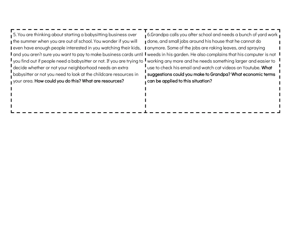 Student economics scenario cards 5–6: starting a babysitting business and finding goods and services for Grandpa