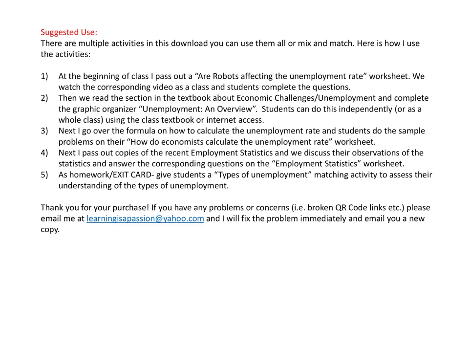 Teacher guide sequences five unemployment activities, from a robot video to a types of unemployment exit card