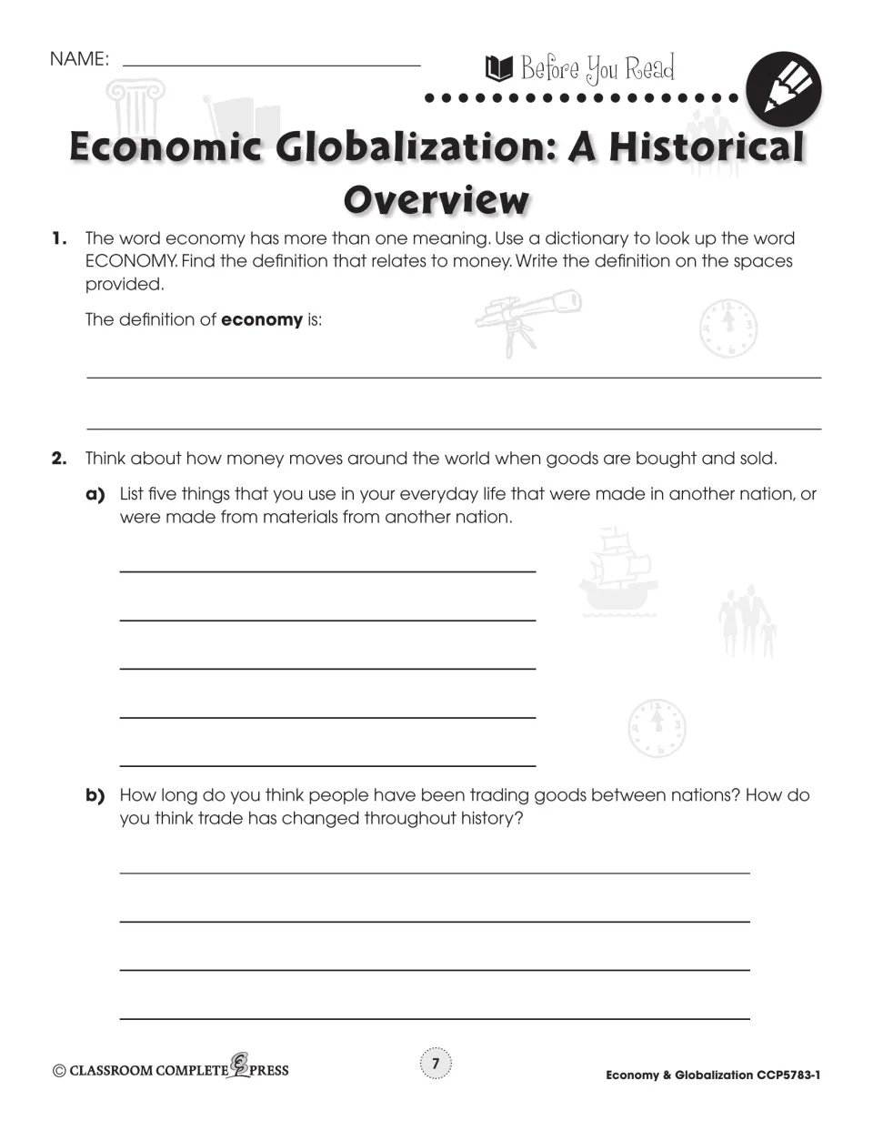 Prereading activity asks students to define economy, list five imported items, and reflect on trade history