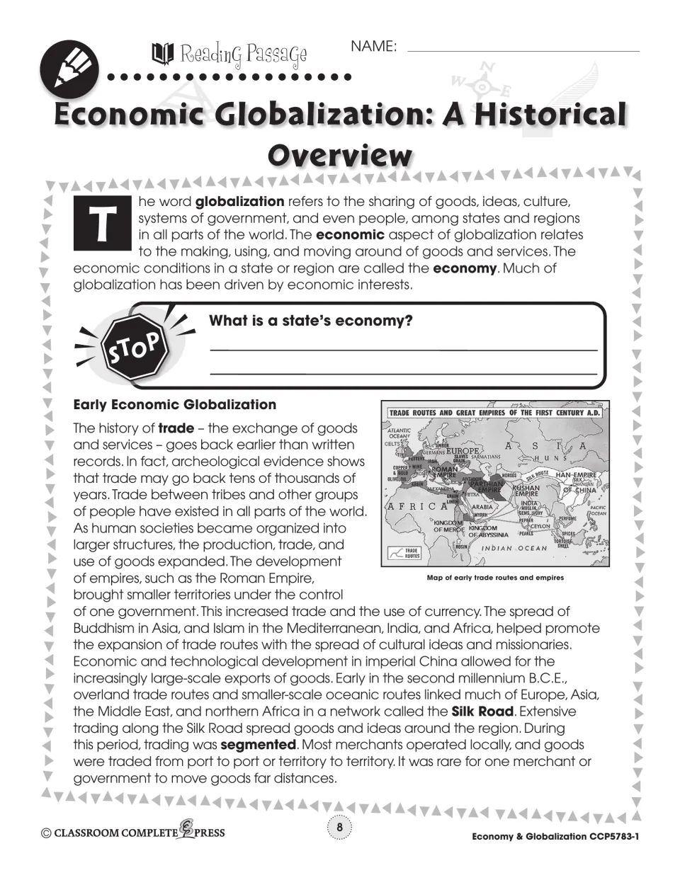 First reading page defines globalization and economy, then introduces early trade, empires, and the Silk Road