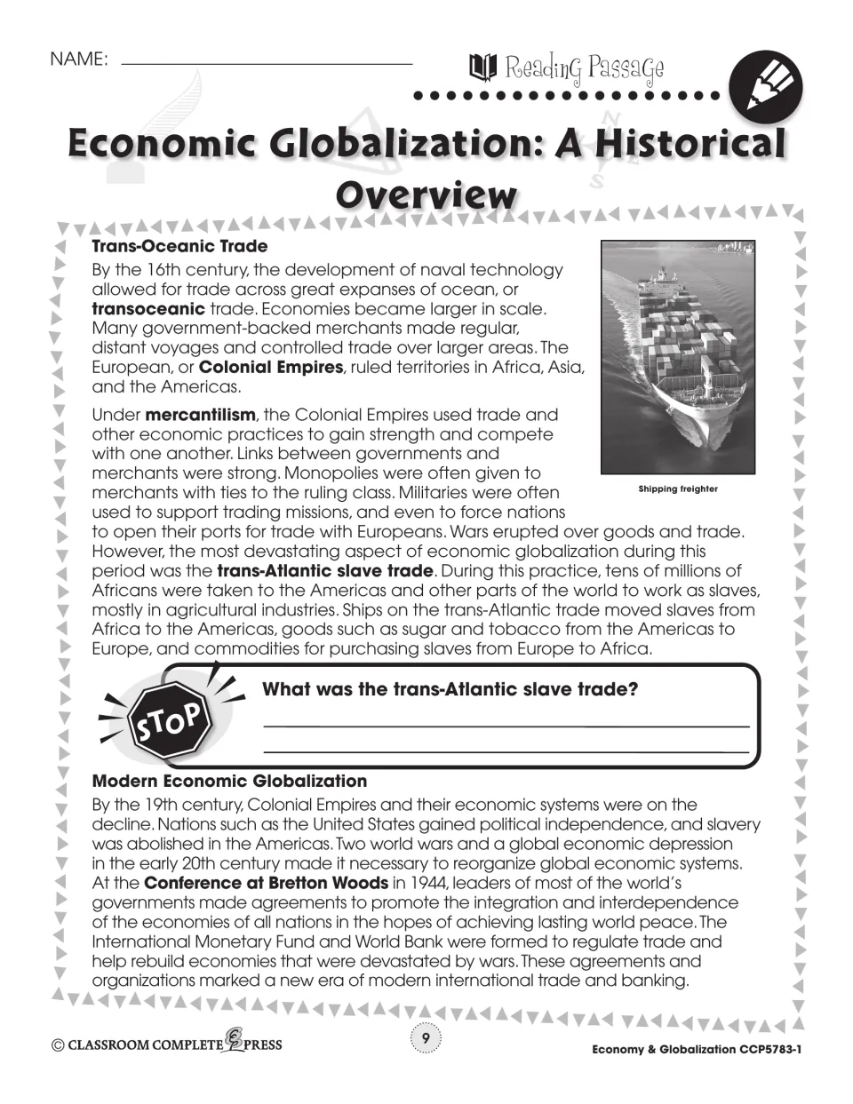 Second reading page covers ocean trade, mercantilism, the trans-Atlantic slave trade, and Bretton Woods