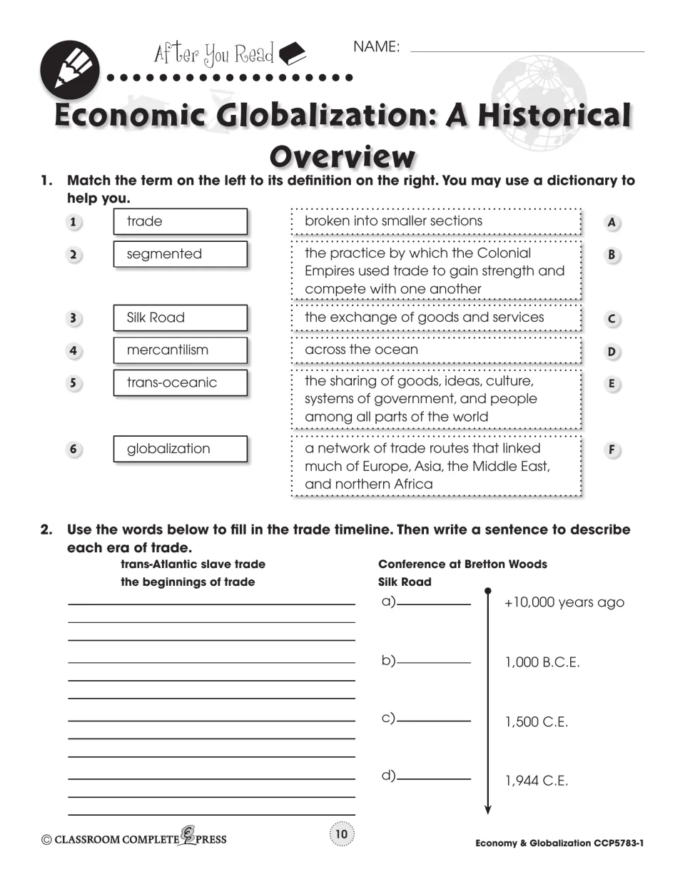 Follow-up exercises ask students to match six trade terms and complete a four-event timeline with sentences