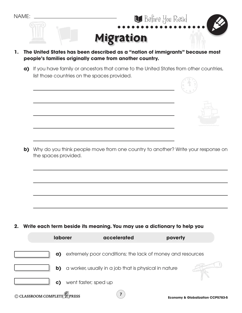 Migration pre-reading: students list ancestors' countries, explain why people move and match laborer, accelerated, poverty