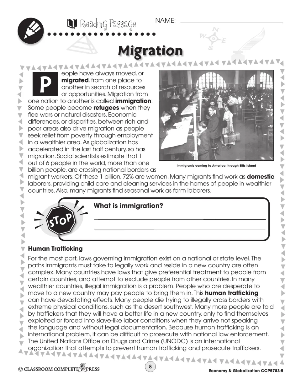 Migration reading passage on immigration, refugees, migrant work and human trafficking, with an Ellis Island photo