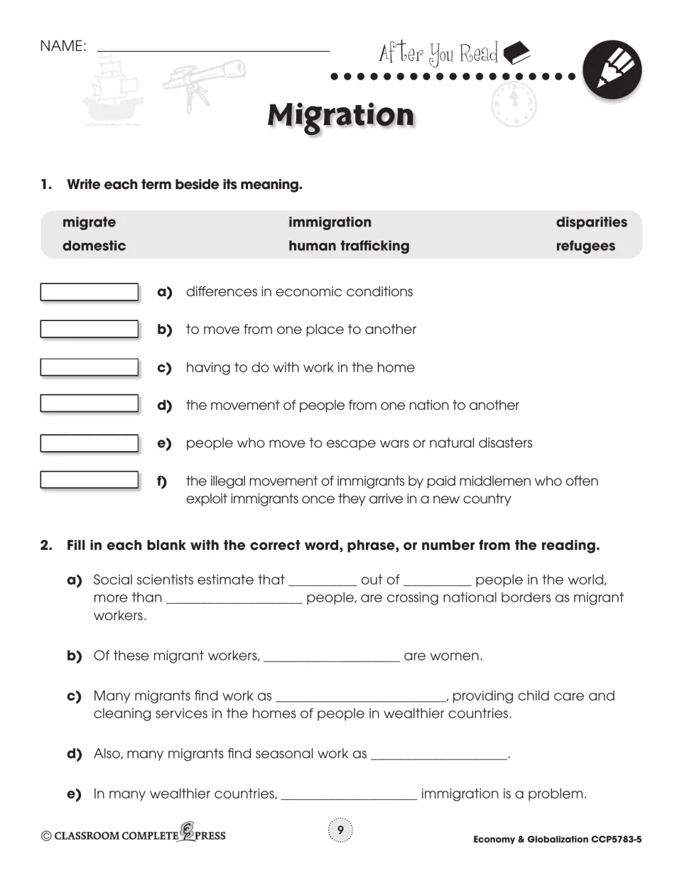 Migration vocabulary and recall: students match six terms such as refugees to meanings, then fill in facts from the text