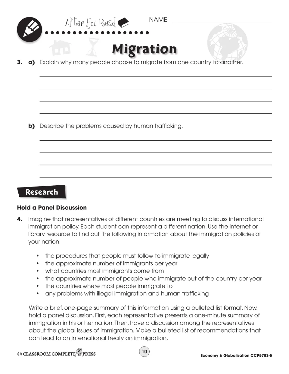 Migration writing on why people move and harms of trafficking, then research for a panel discussion on immigration policy