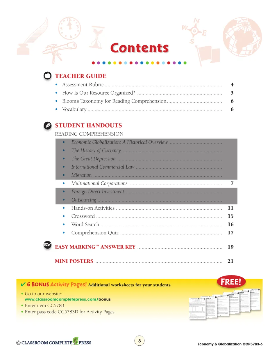 Contents identifies the chapter reading, teacher guide, activities, puzzles, quiz, answer key, and mini posters