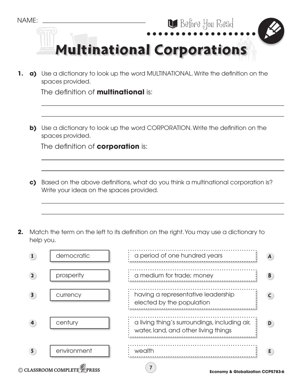 Before-reading tasks ask students to define multinational and corporation, then match five vocabulary terms