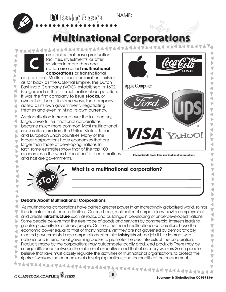 Reading passage defines multinational corporations, traces their history, and presents debate over their effects