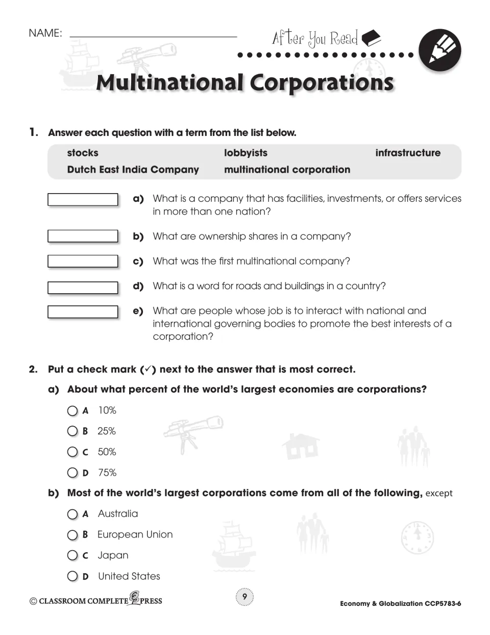 After-reading practice uses five chapter terms and two multiple-choice questions about corporate economies