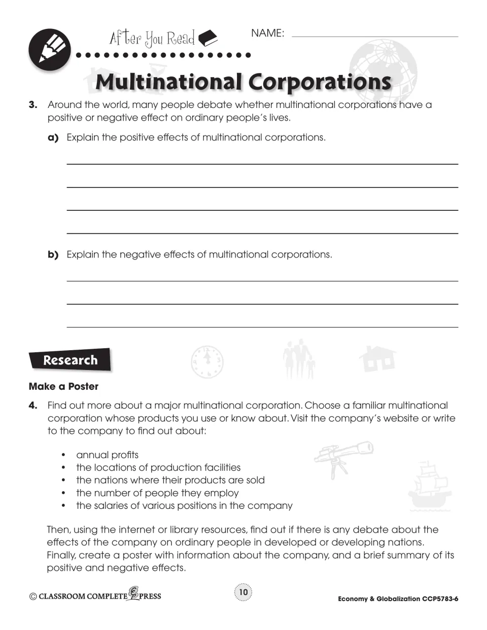 Follow-up tasks ask students to explain corporations’ positive and negative effects and research a company poster