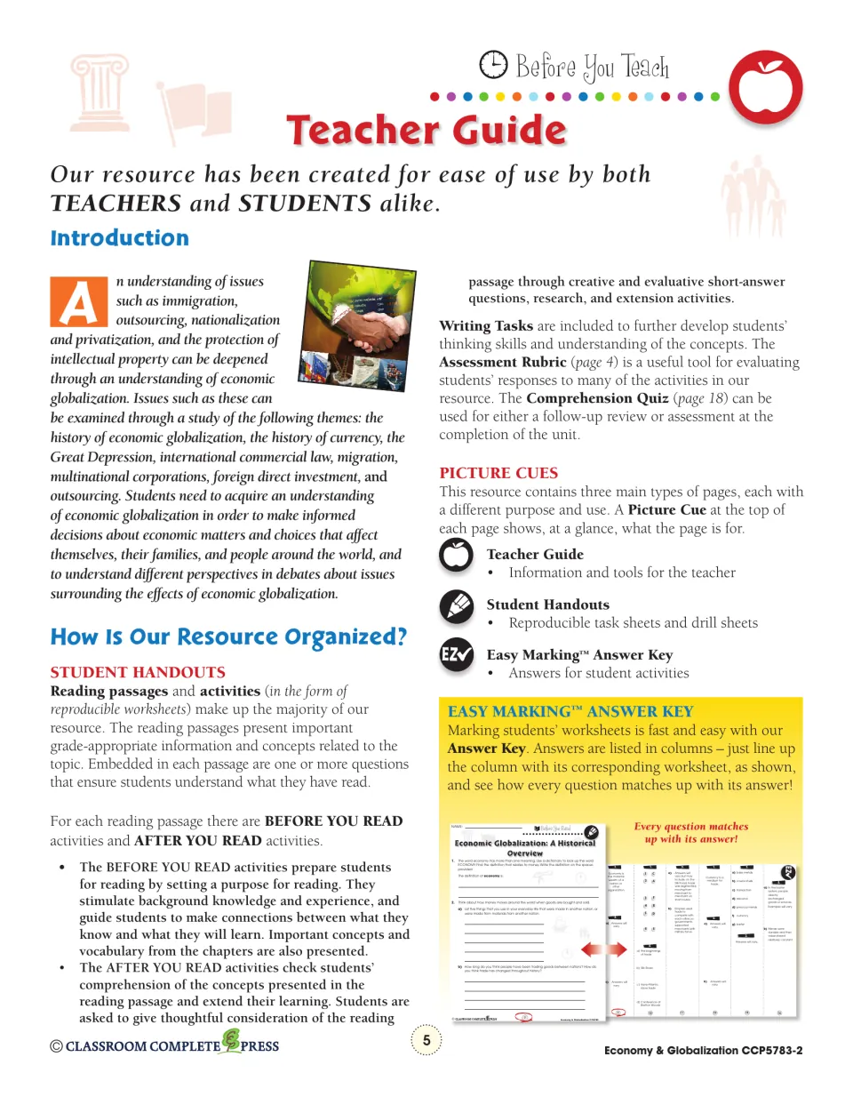 Teacher guide introduction explaining the reading passages, before and after you read activities, and picture cues