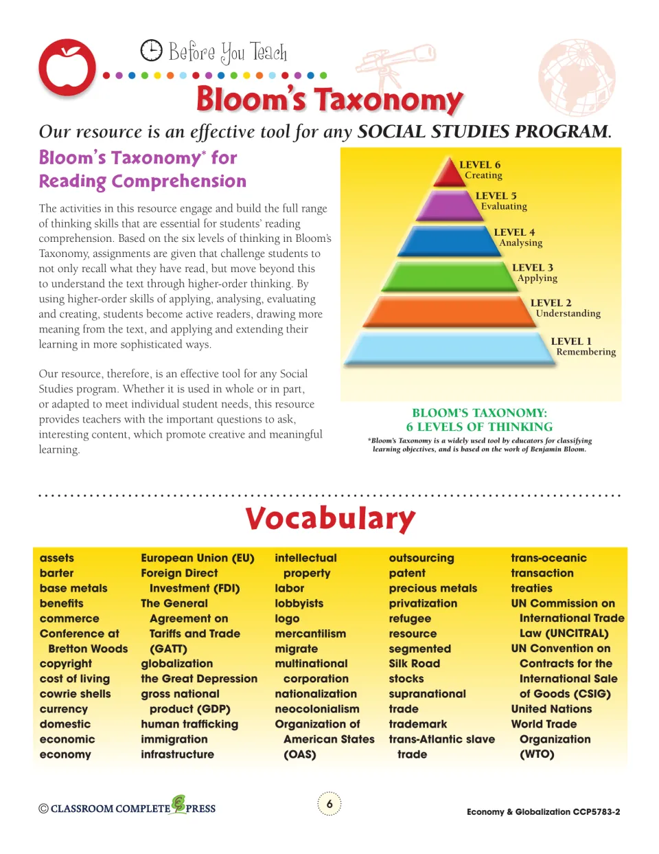 Bloom's Taxonomy six levels of thinking pyramid, plus the unit vocabulary list from assets and barter to WTO