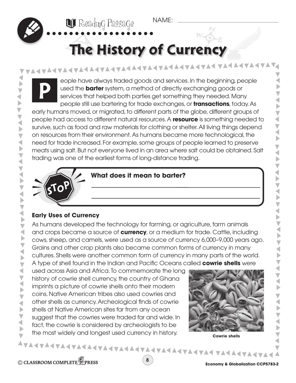Reading passage part 1: barter, resources, salt trading and early currency such as cattle, grain and cowrie shells