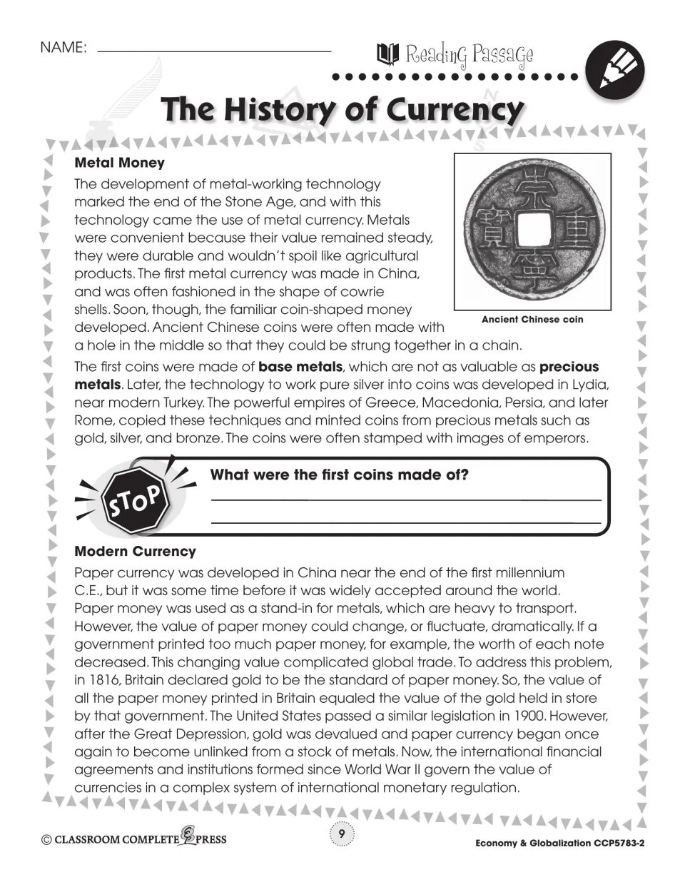 Reading passage part 2: metal money, Chinese coins, base and precious metals, paper money and the gold standard