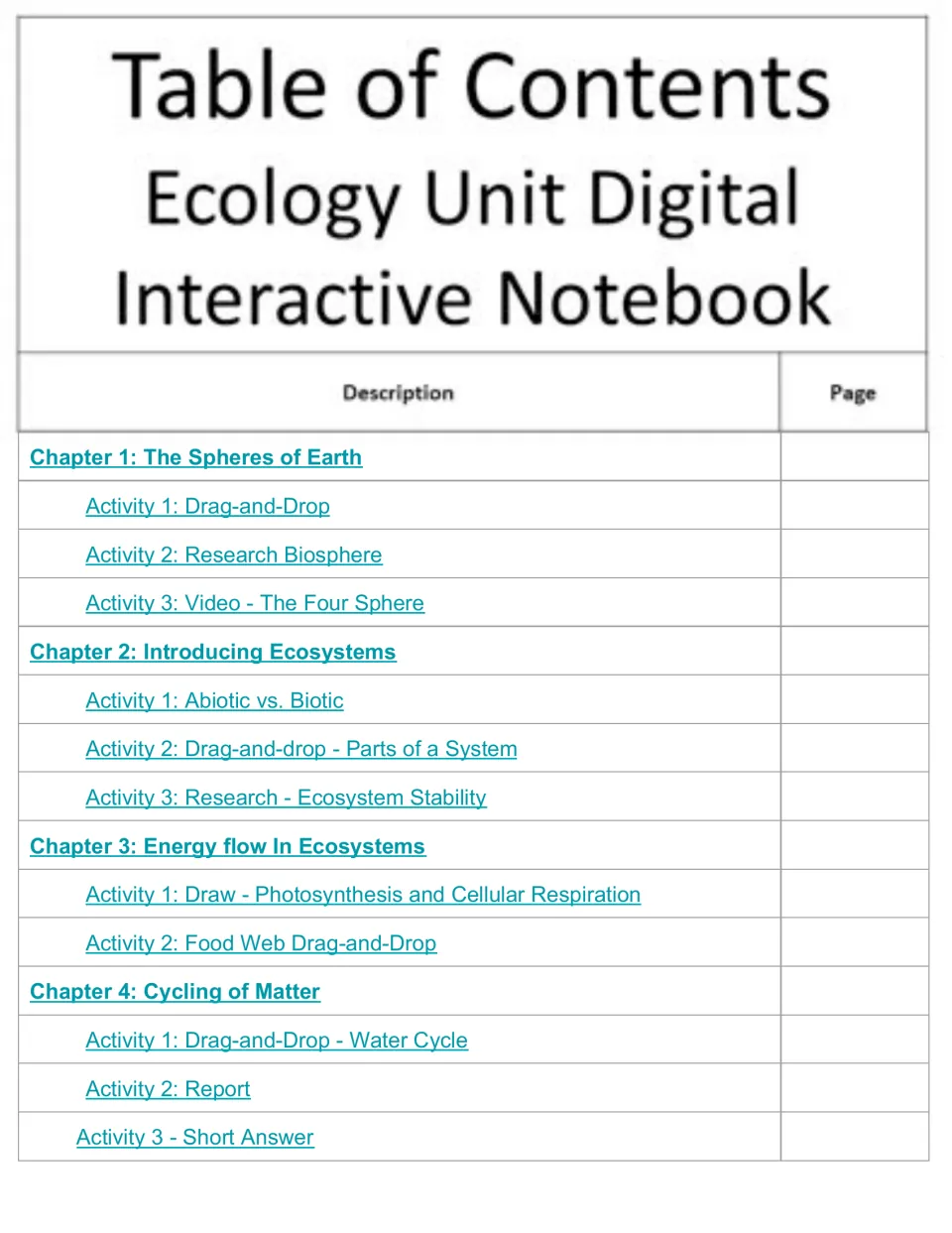 Notebook contents for chapters 1–4: Earth's spheres, ecosystems, energy flow, and cycling of matter