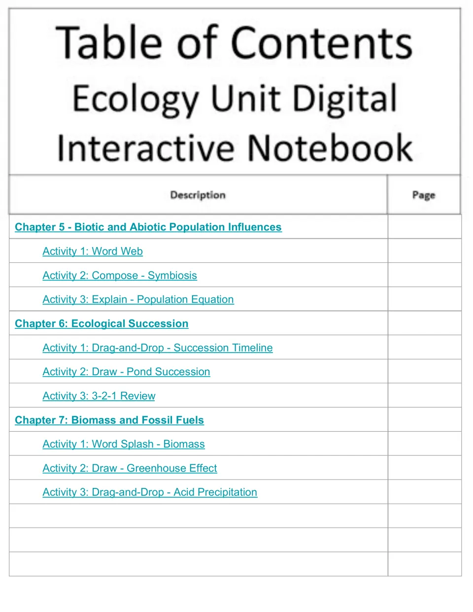 Notebook contents for chapters 5–7: population influences, ecological succession, biomass and fossil fuels