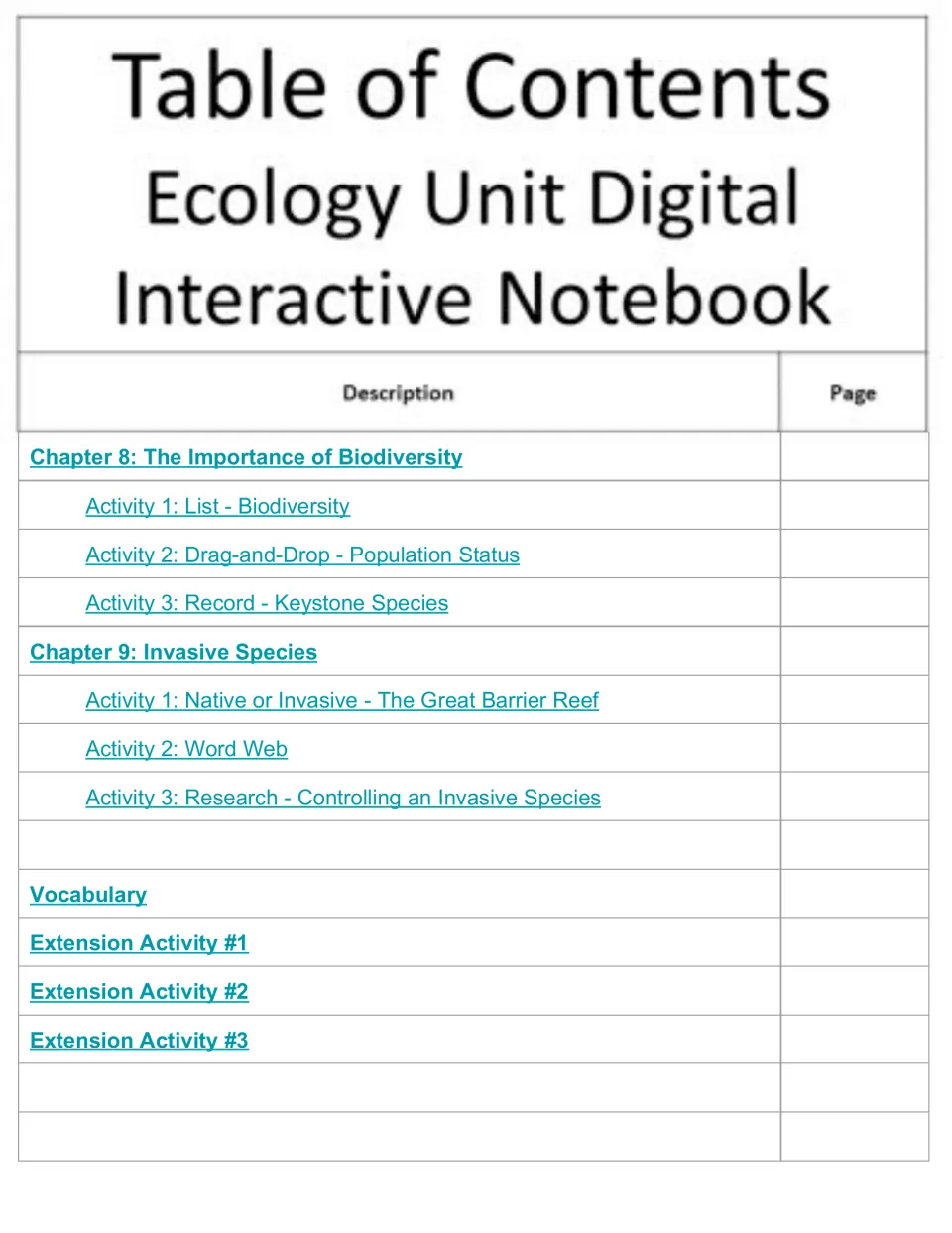 Notebook contents for chapters 8–9: biodiversity and invasive species, plus vocabulary and three extensions