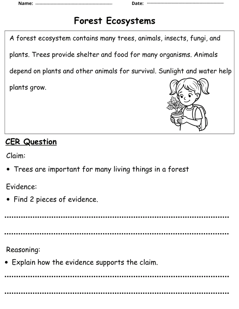 Forest ecosystems reading: students find 2 pieces of evidence and explain why trees matter to many forest living things