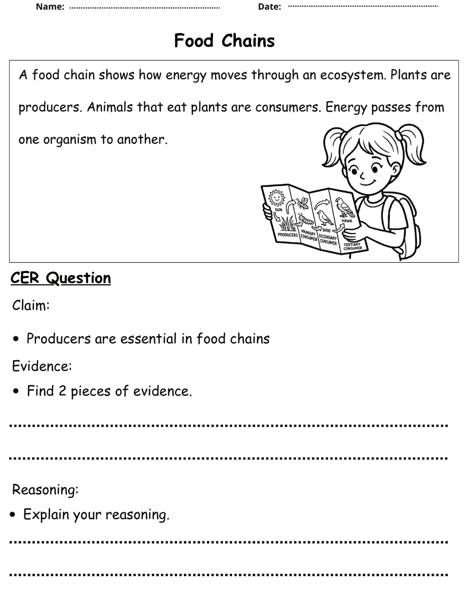 Food chains passage on producers, consumers and energy flow; students use evidence to argue producers are essential