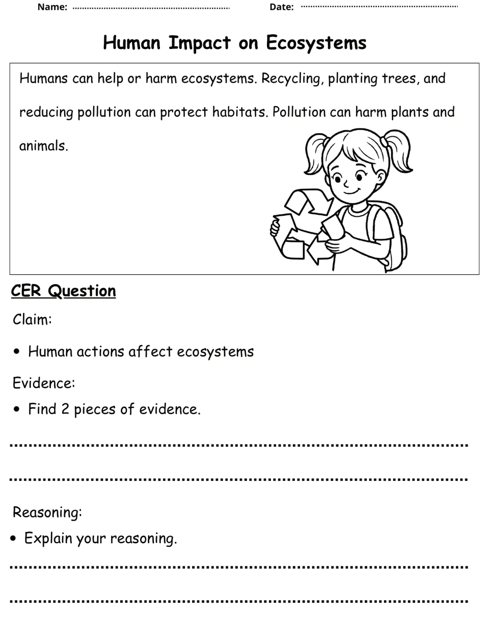 Human impact on ecosystems: recycling, planting trees and pollution; students cite evidence that human actions affect them