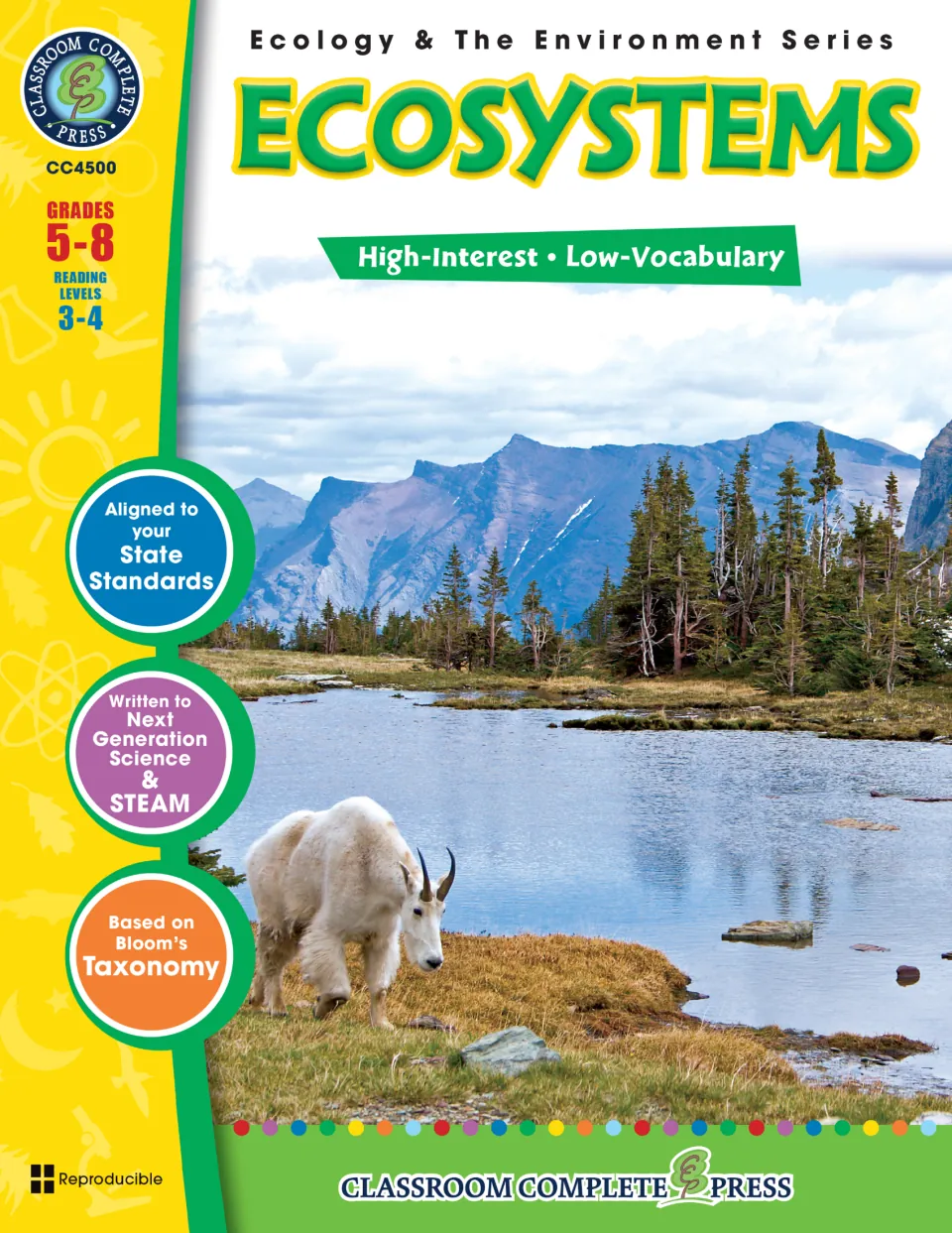 Cover of Ecosystems Gr. 5-8, identifying reading levels 3–4 and showing a mountain goat beside a lake