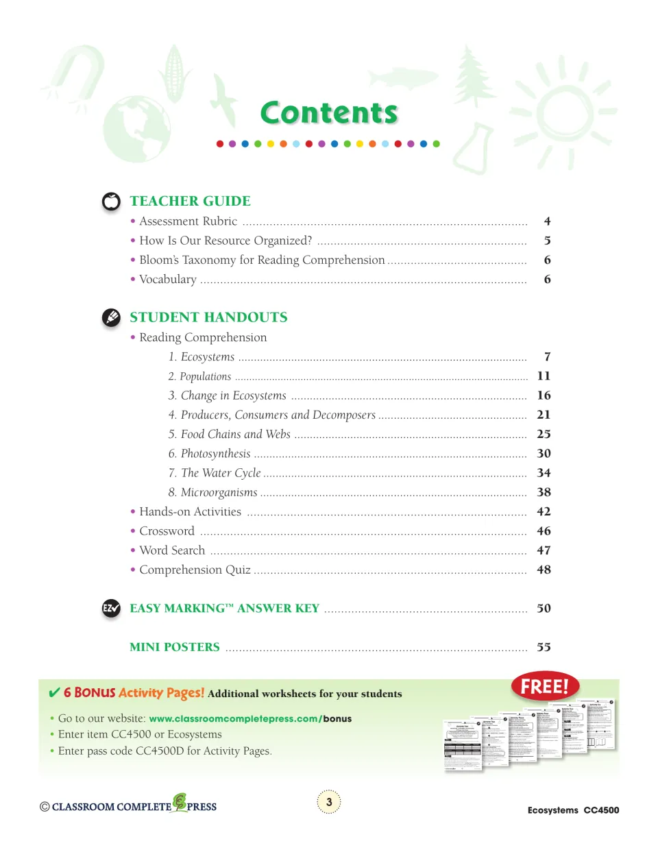 Contents lists the teacher guide, eight reading topics, hands-on activities, puzzles, quiz, and answer key