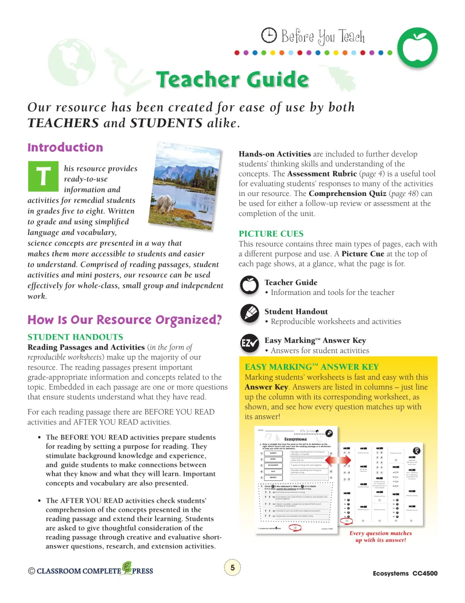 Teacher guide explains reading passages, before-and-after activities, picture cues, and how to use the answer key