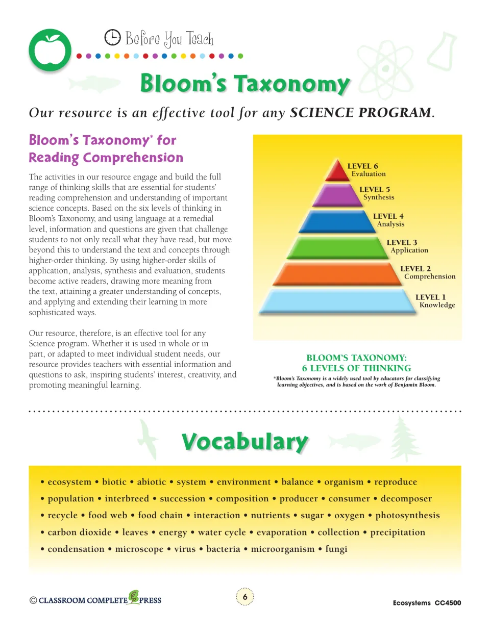 Teacher reference explains Bloom’s six thinking levels and lists vocabulary from biotic to photosynthesis