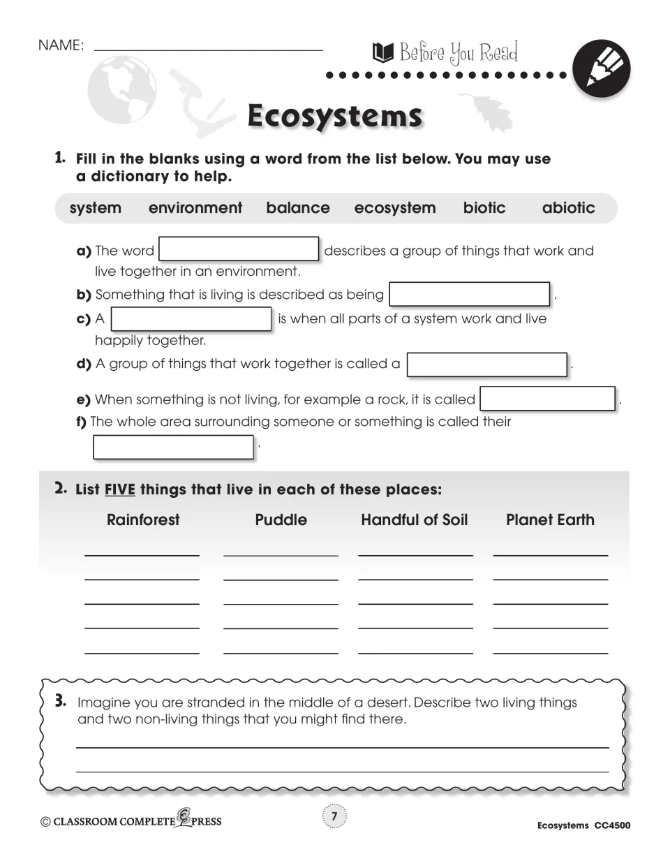 Before-reading tasks introduce six ecosystem terms, ask for living things in four places, and explore a desert
