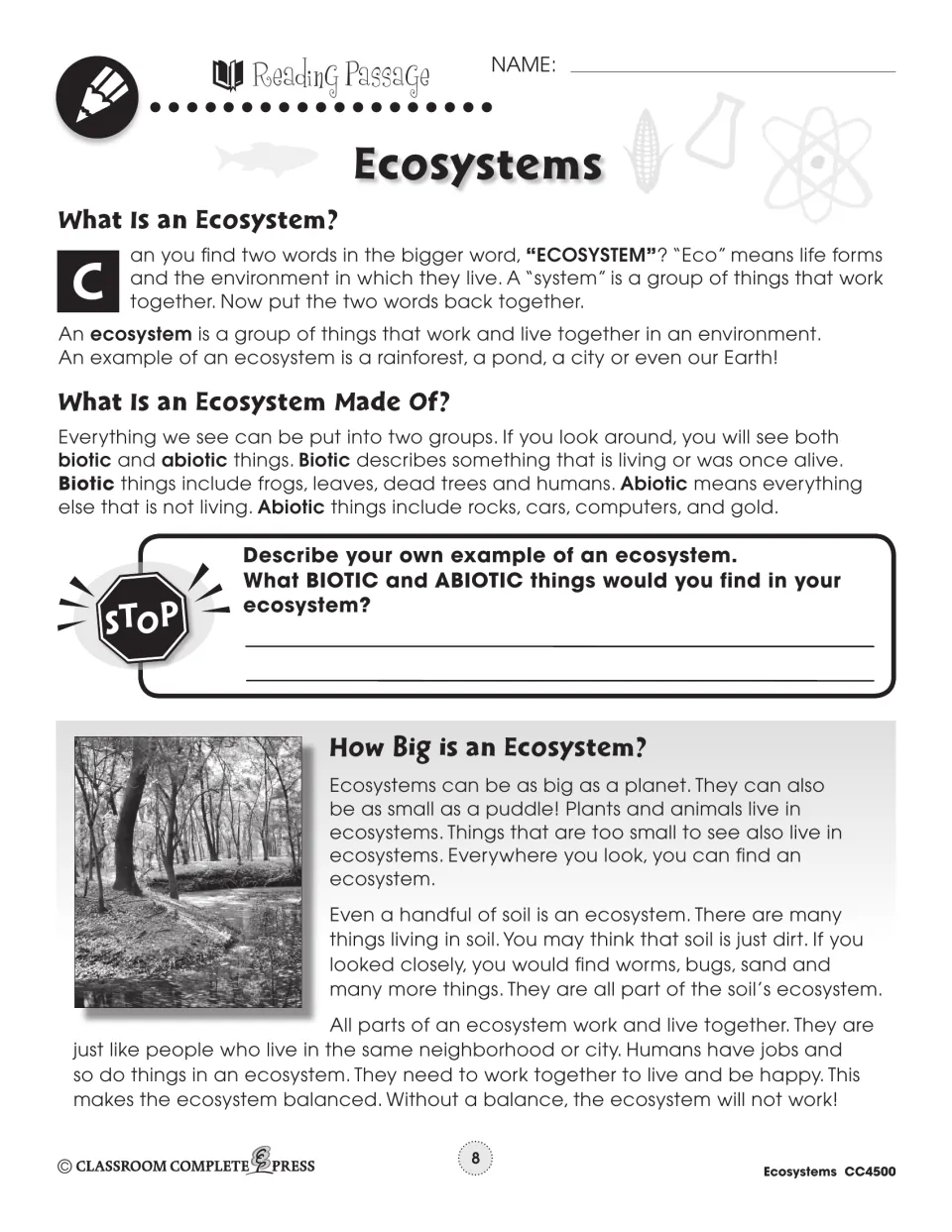 Reading passage defines an ecosystem, compares biotic and abiotic things, and explains ecosystem size and balance