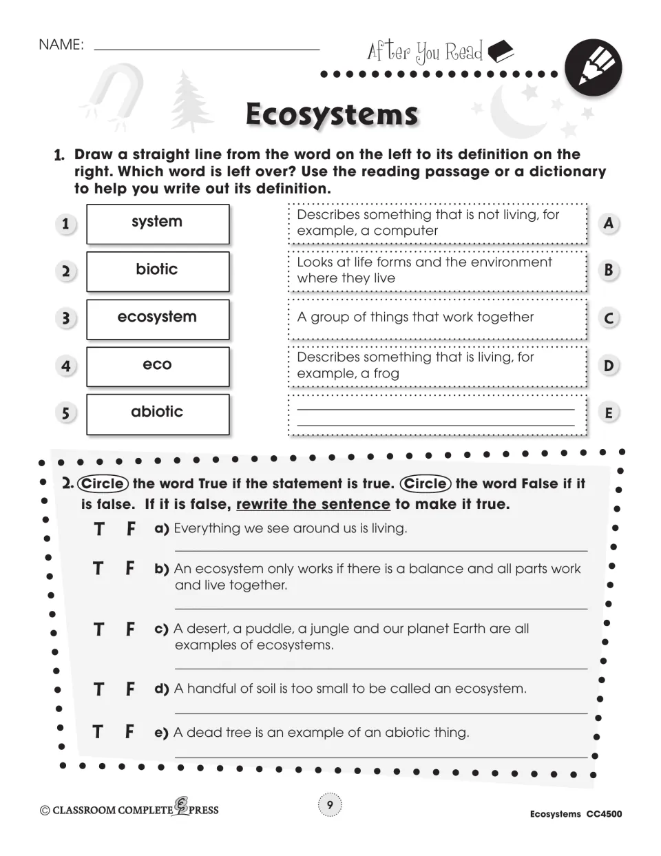 After-reading practice matches five ecosystem terms to definitions and checks five true-or-false statements