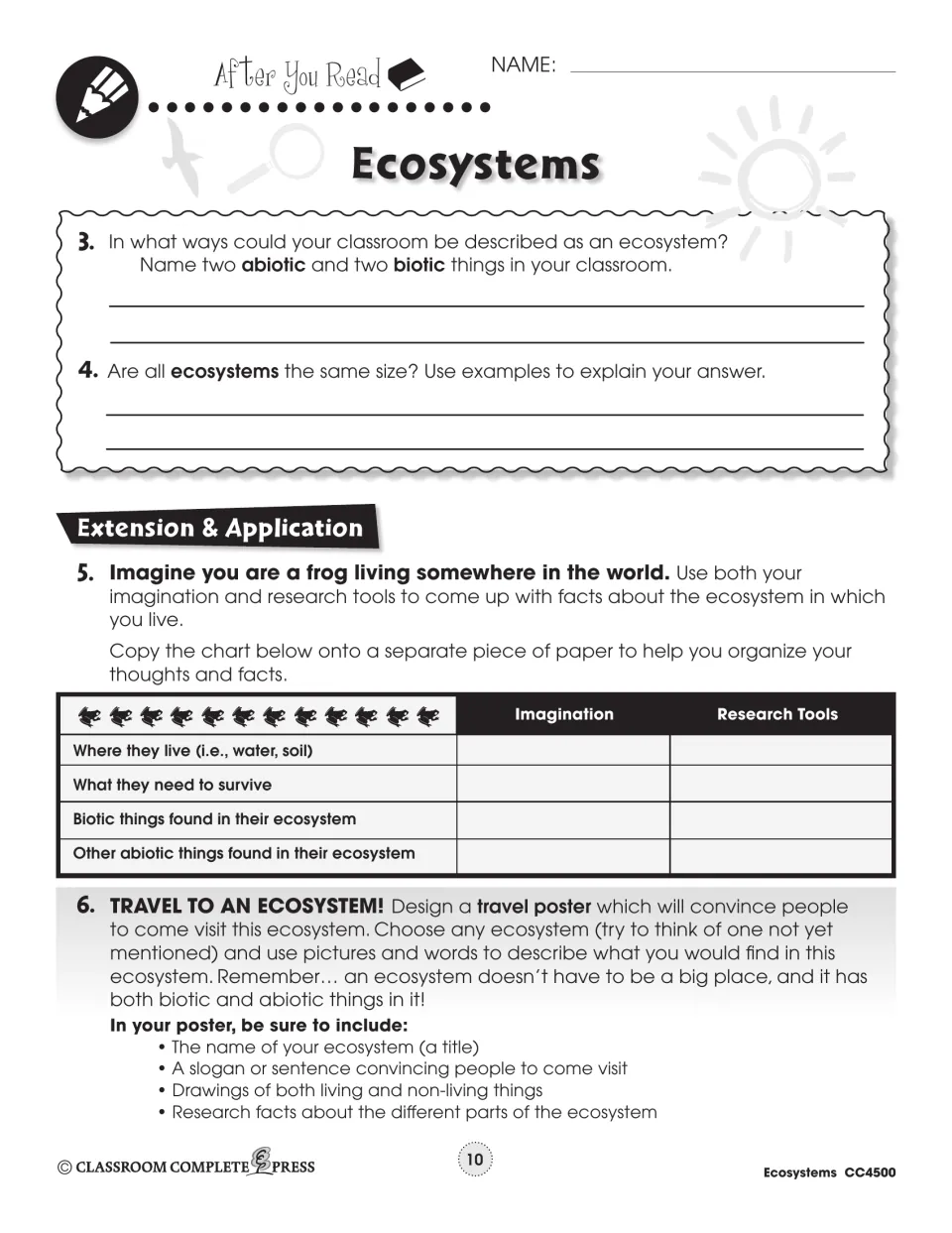 Follow-up tasks examine a classroom ecosystem, compare ecosystem sizes, research a frog, and plan a travel poster