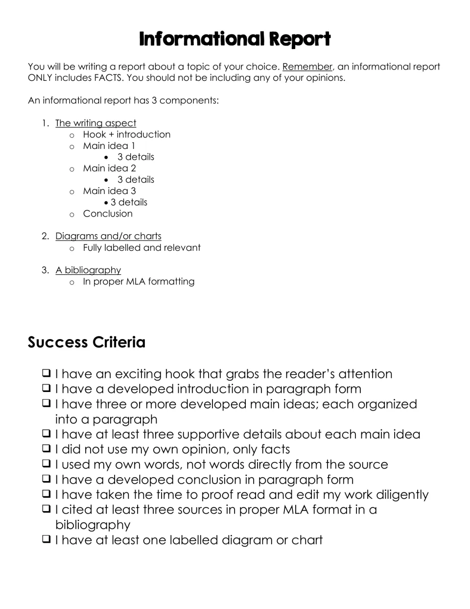 Informational report task sheet: lists hook, 3 main ideas, diagram and MLA bibliography, plus a success criteria checklist