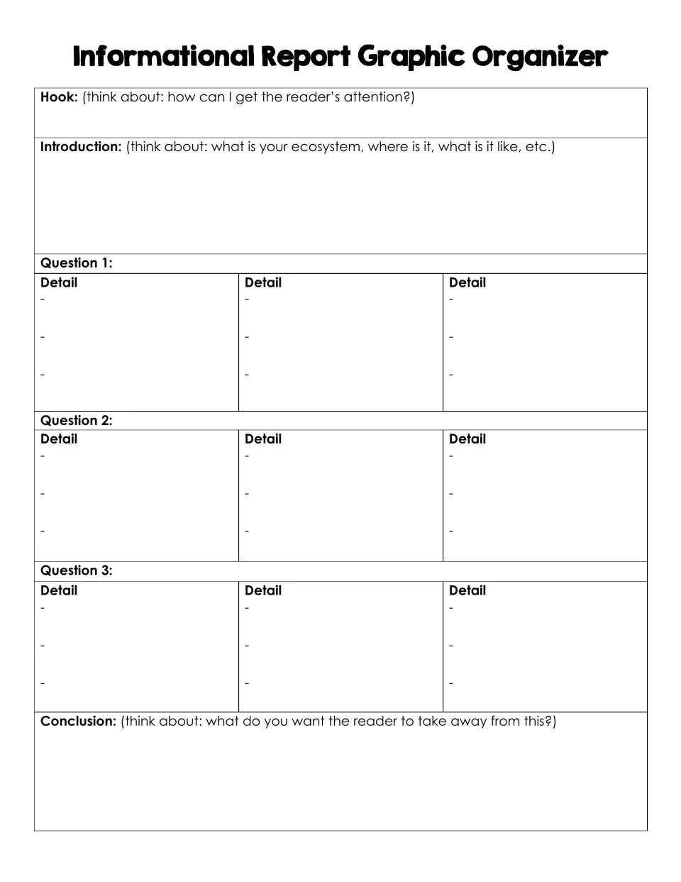 Report planning organizer: students note a hook, ecosystem introduction, 3 details for each of 3 questions, and a conclusion