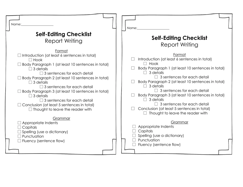 Self-editing checklist for report writing, two per page: sentence counts per paragraph, indents, capitals and spelling