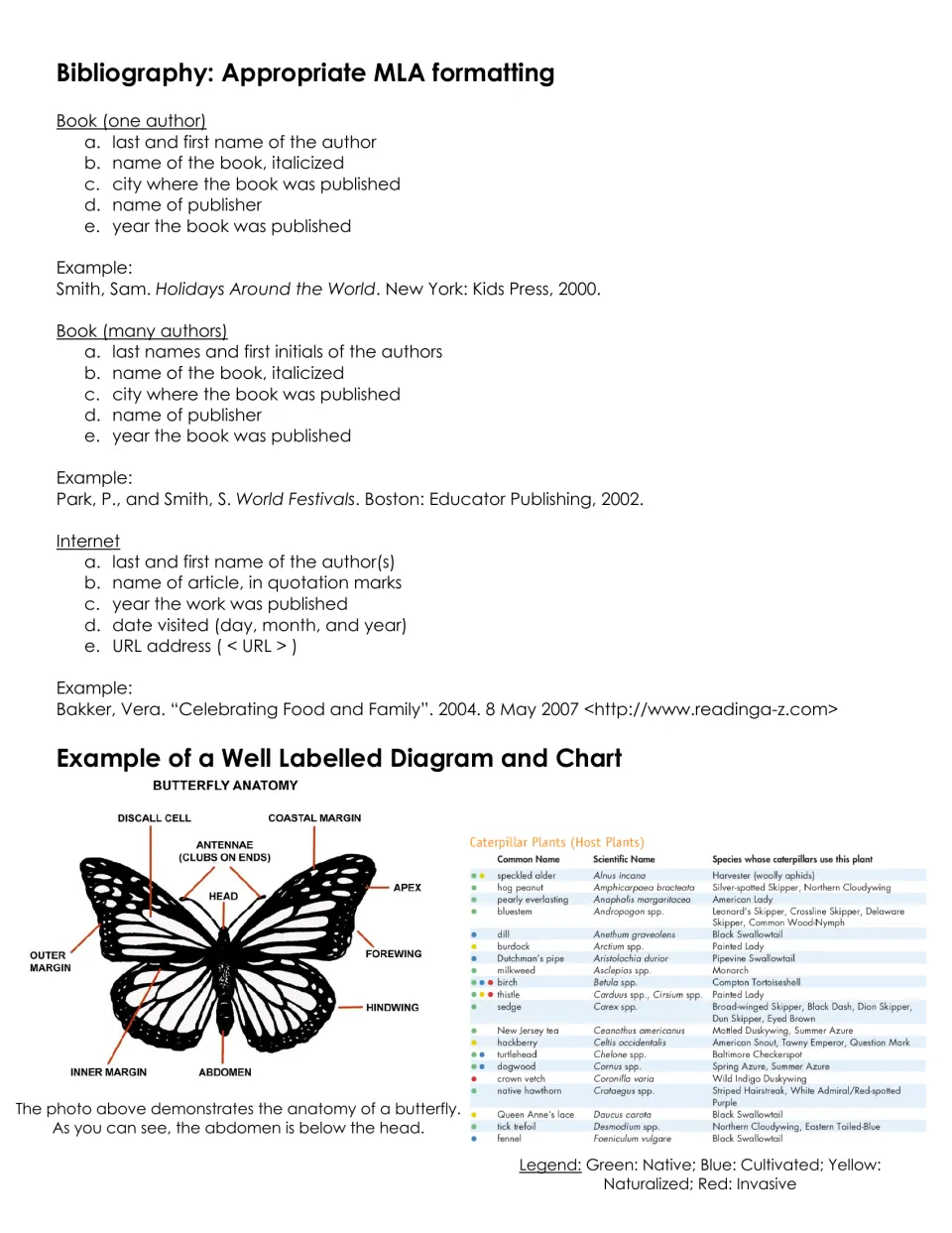 MLA bibliography guide with book and internet citation examples, plus a labelled butterfly diagram and host-plant chart