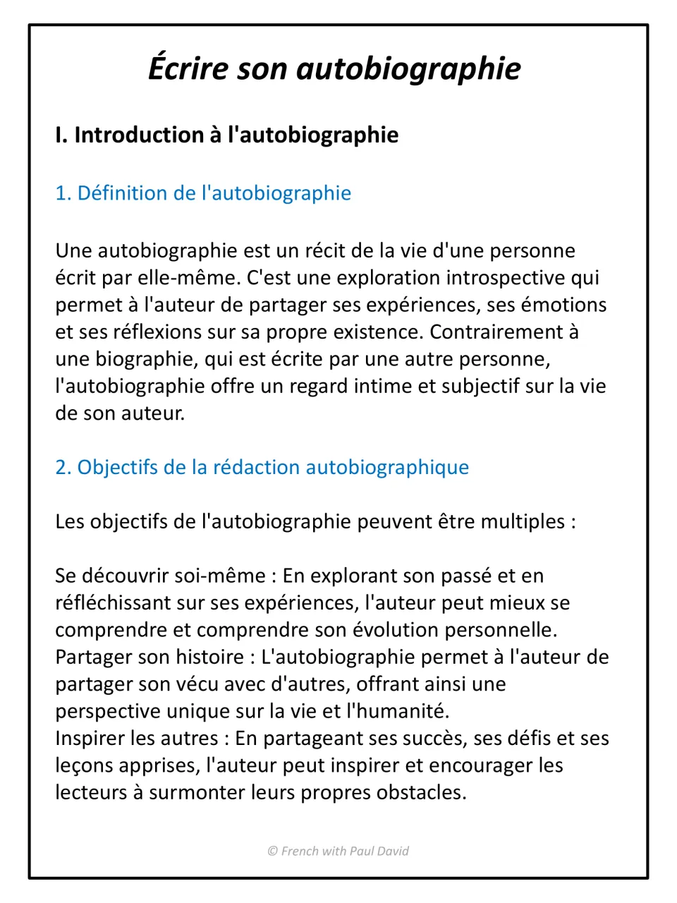Intro to autobiography in French: students read a definition, how it differs from biography, and three writing goals