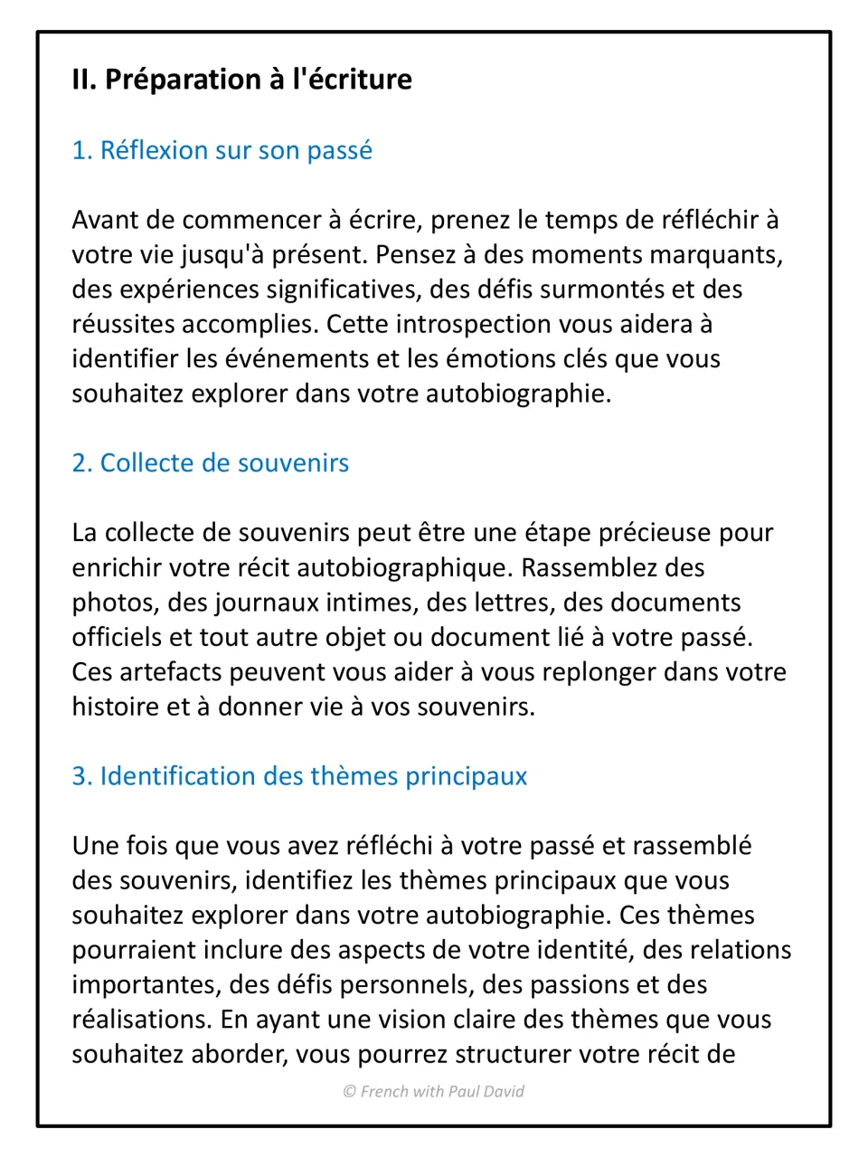 Preparing to write: French steps on reflecting on your past, gathering photos, letters and diaries, and choosing key themes