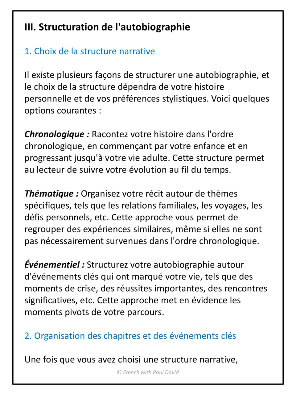Choosing a narrative structure: French explanation of chronological, thematic and event-based ways to organize a life story