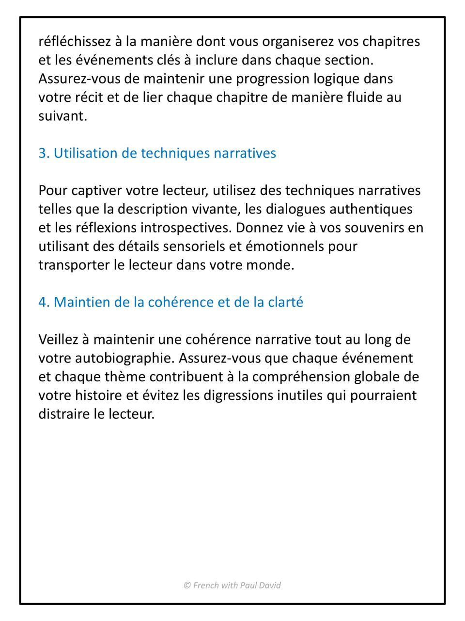 Organizing chapters and narrative techniques in French: vivid description, dialogue, sensory detail, staying clear