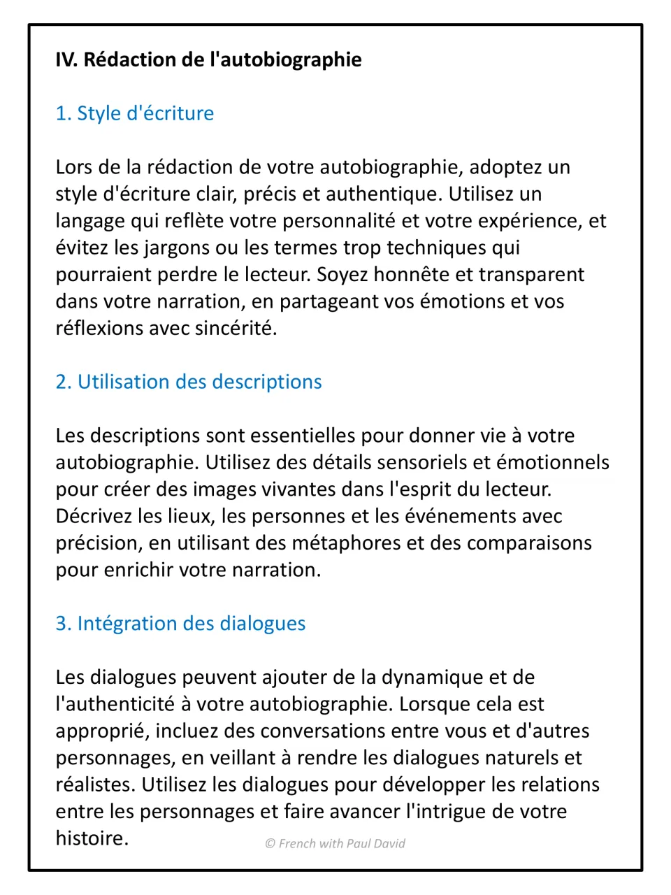 Drafting the autobiography in French: tips on clear, honest style, rich descriptions and metaphors, and adding dialogue