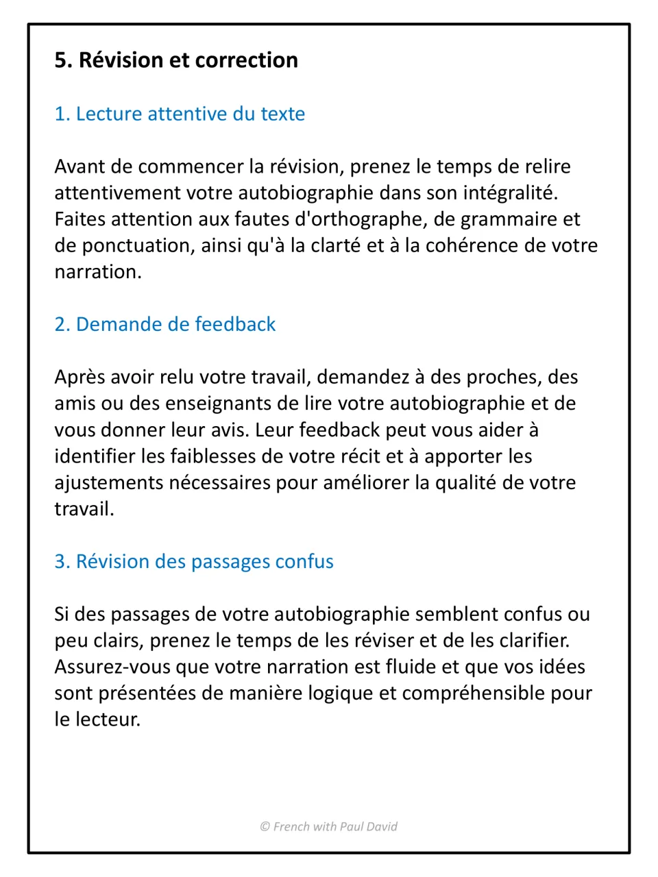 Revising in French: rereading for spelling, grammar and punctuation, asking others for feedback, fixing unclear passages