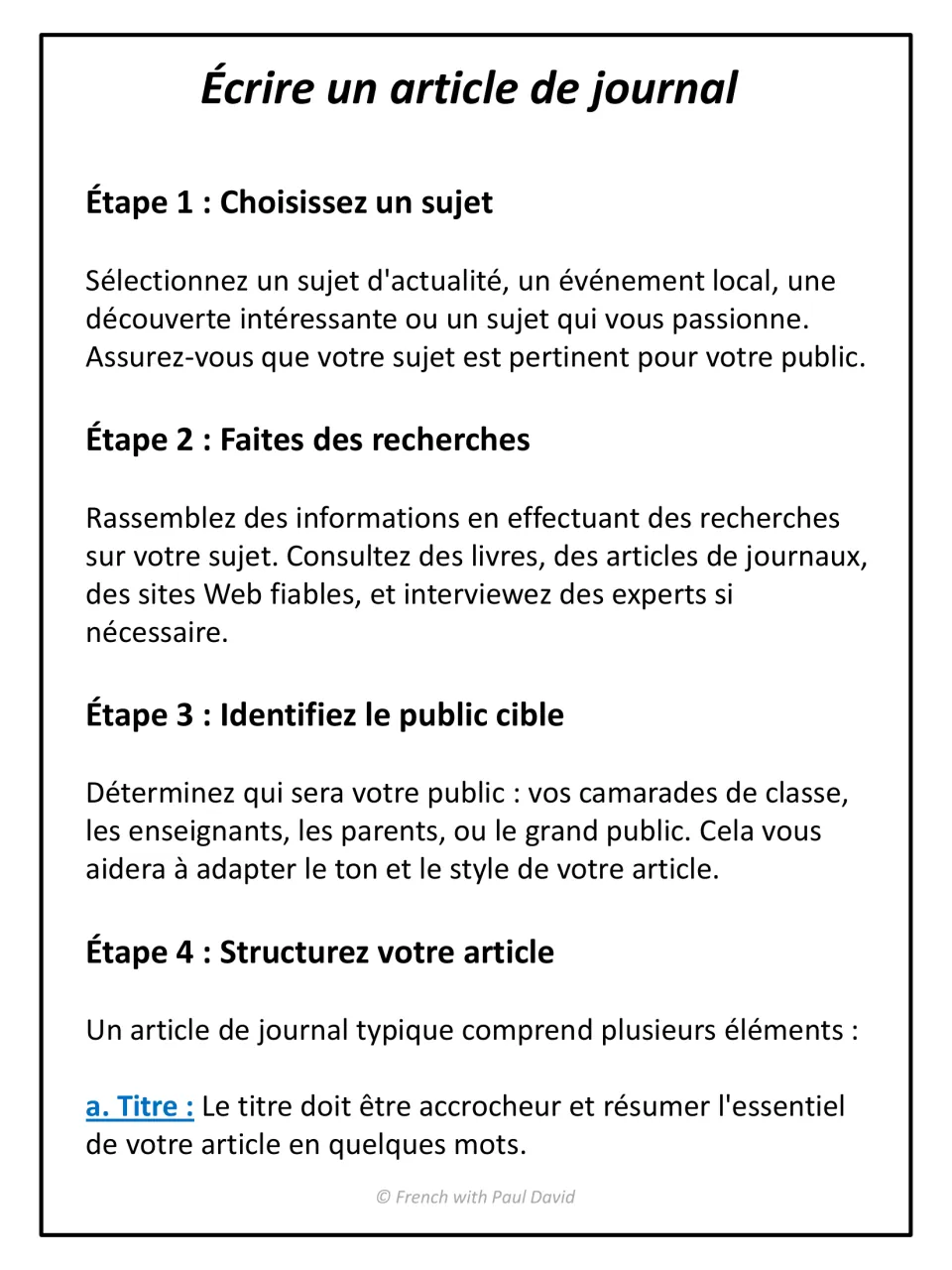 French news article writing, steps 1-4: choose a topic, research it, identify the audience, then structure it with a title