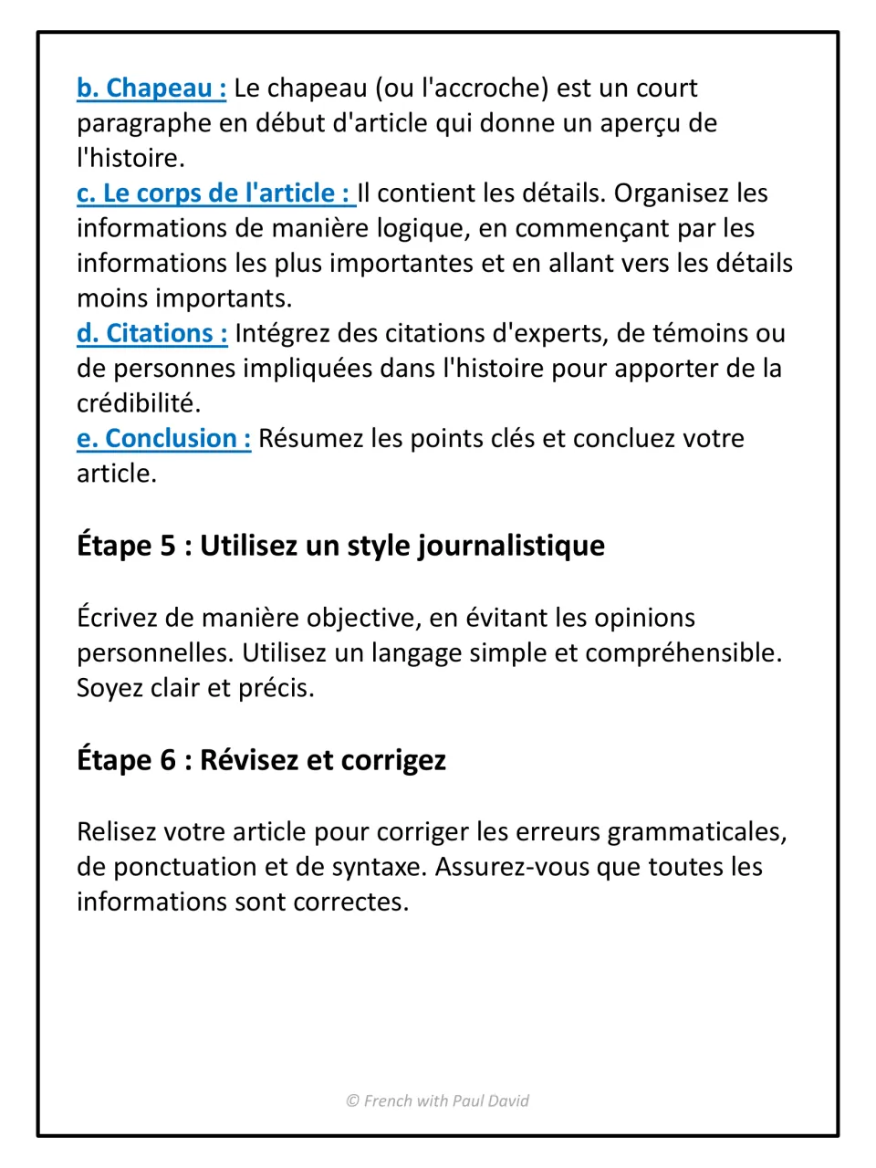 Article parts in French: chapeau, body, quotations and conclusion, then step 5 journalistic style and step 6 revising