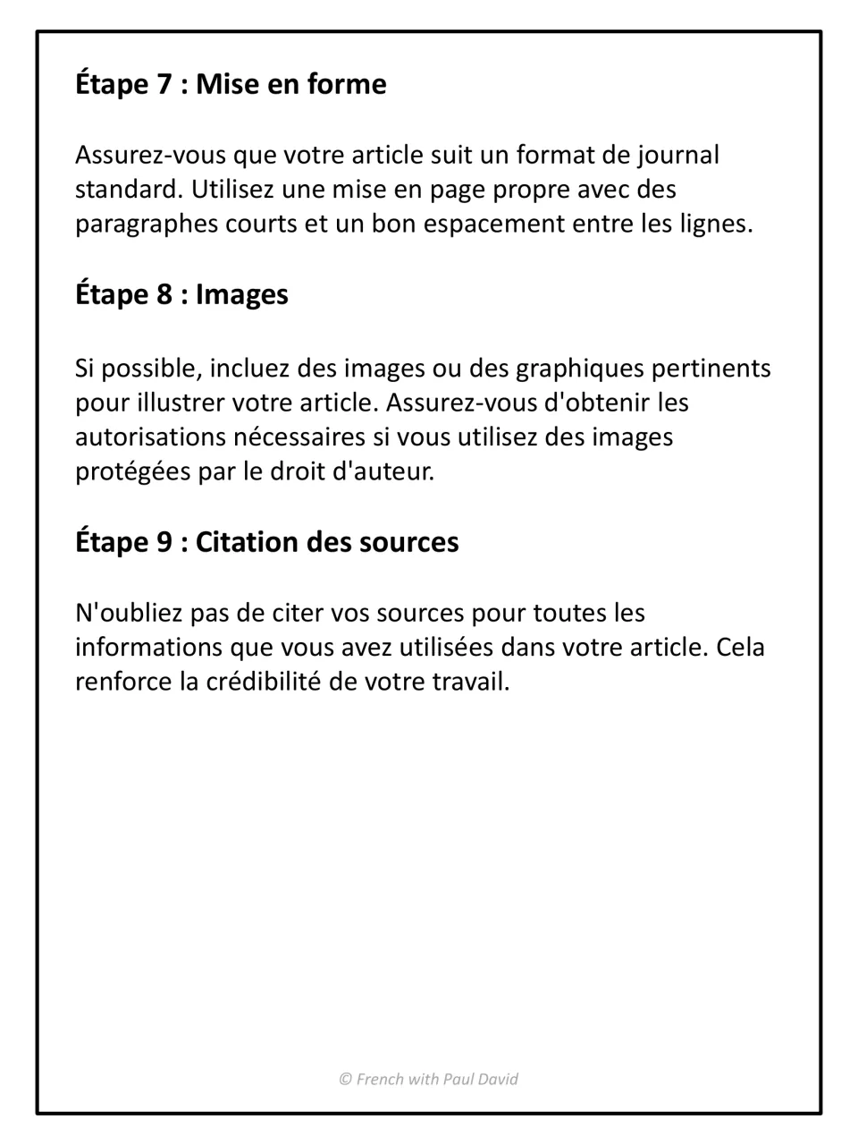 Final writing steps 7-9 in French: newspaper formatting, adding images with permission, and citing sources for credibility