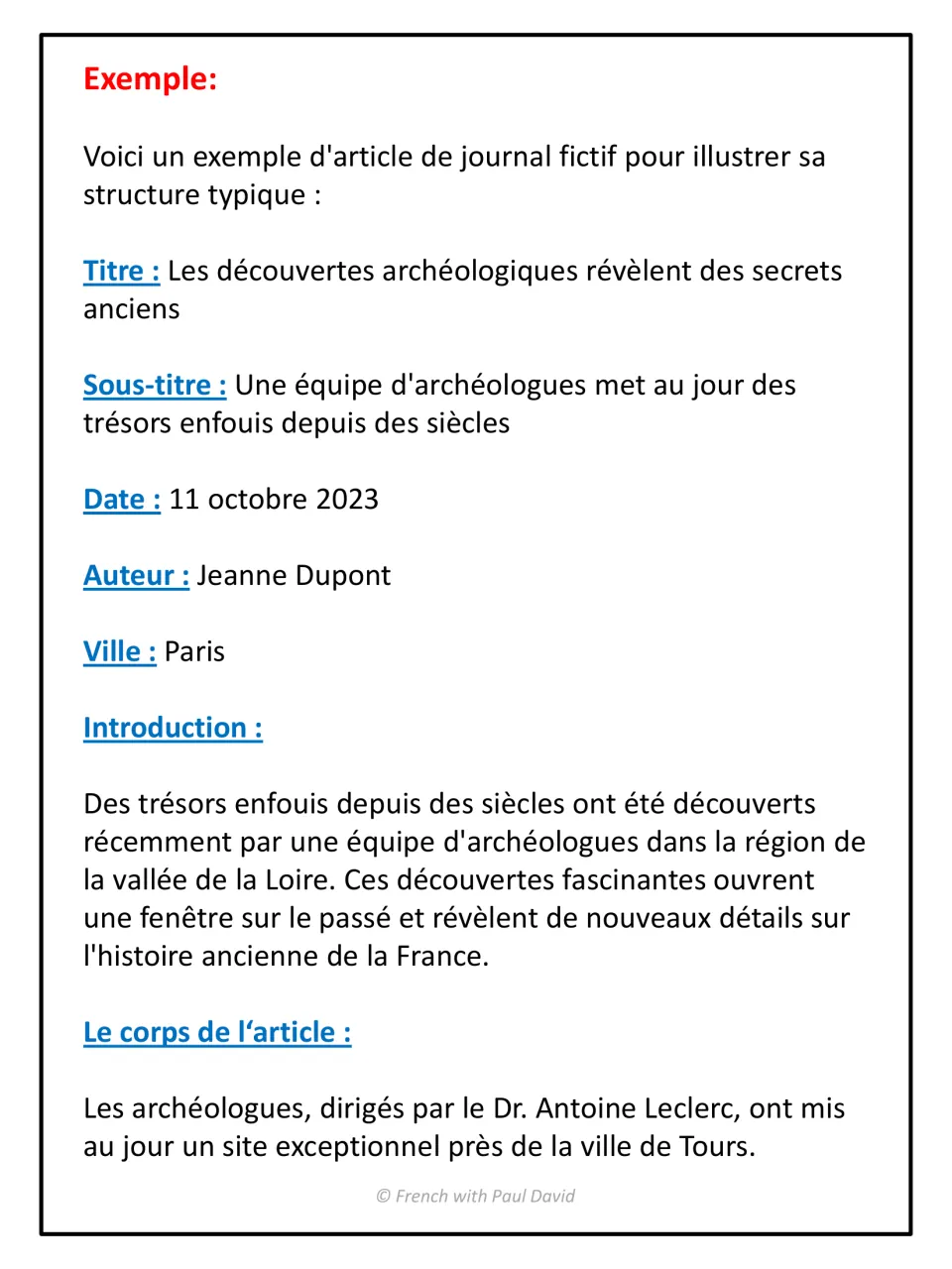 Model French news article on Loire Valley archaeology finds, naming its title, subtitle, date, author, city and introduction